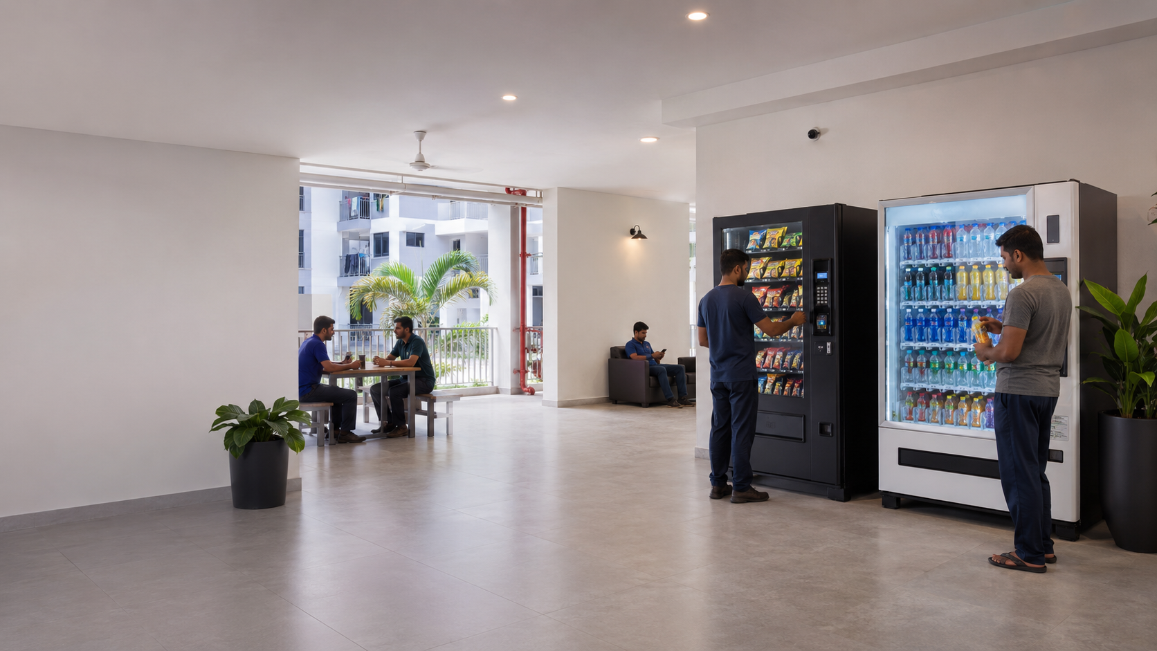 Workers using vending machines in a dormitory common area