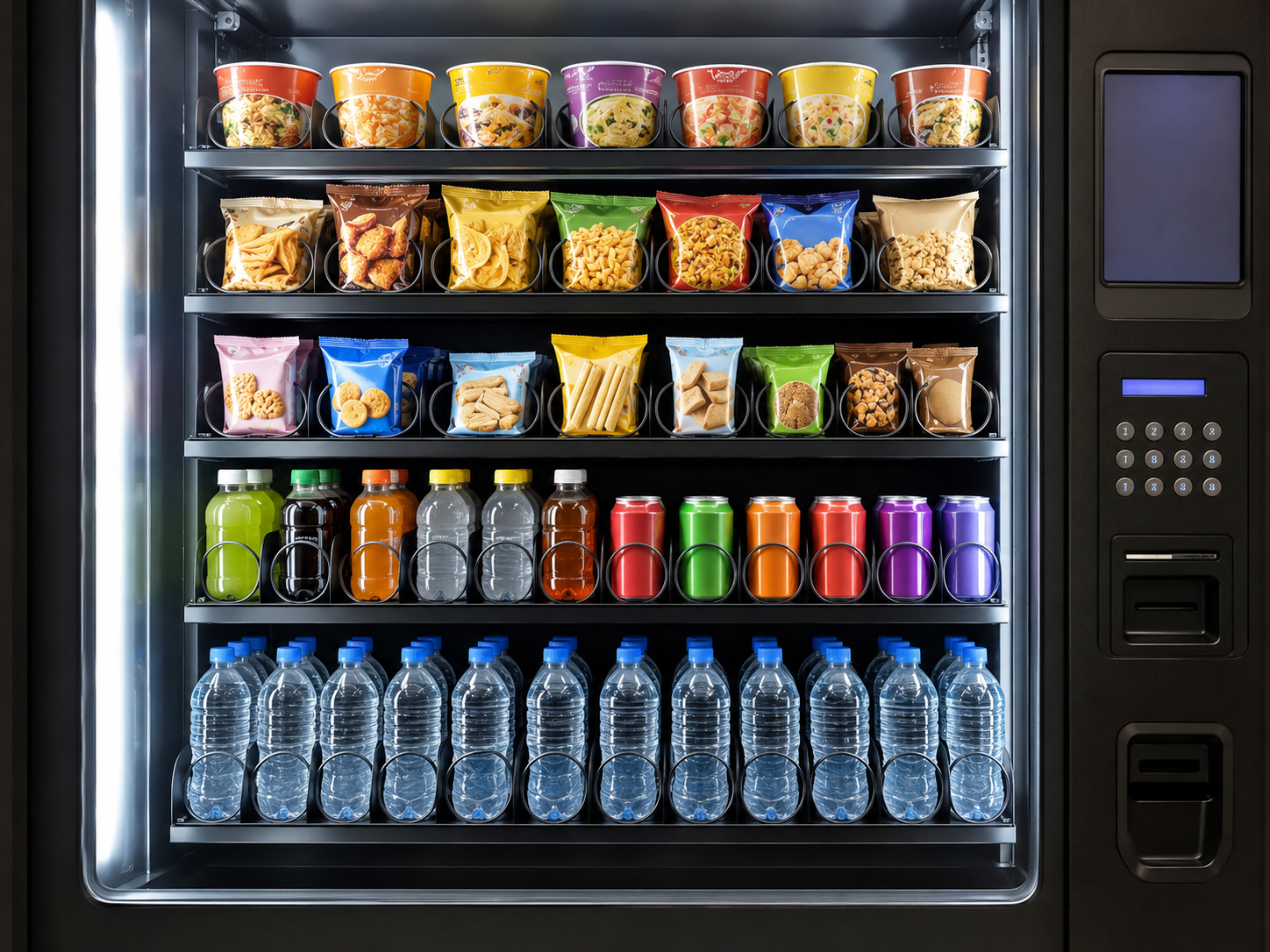 Vending machine stocked with drinks, snacks and cup noodles