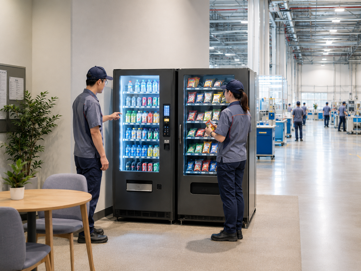 Factory break area with drink and snack vending machines